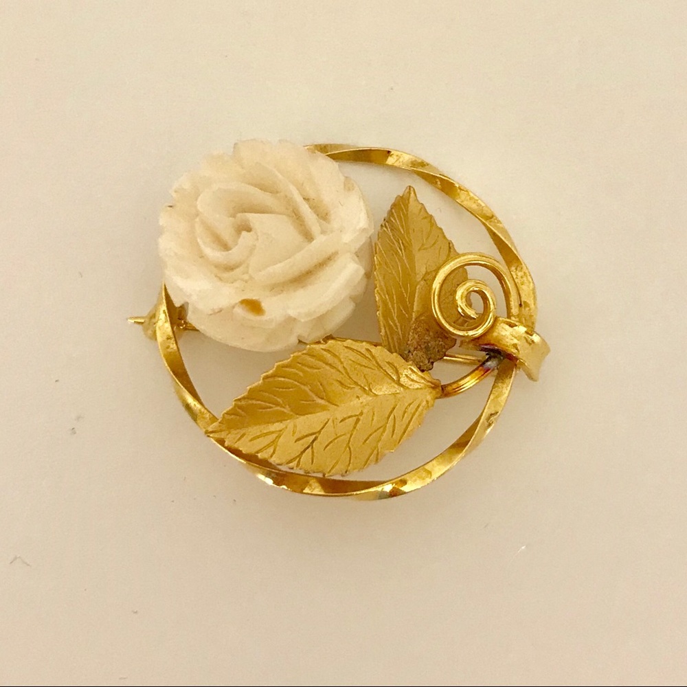 Vintage Gold with Ivory Rose Brooch